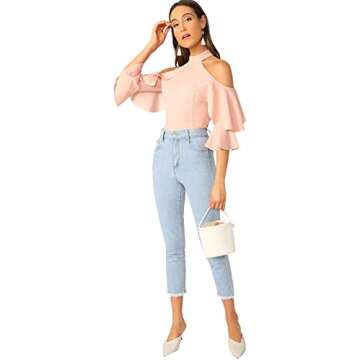 ROMWE Women's Cute Cold Shoulder Ruffle Half Sleeve Slim Fit Blouse Tops Pink Medium