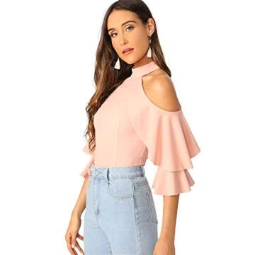ROMWE Women's Cute Cold Shoulder Ruffle Half Sleeve Slim Fit Blouse Tops Pink Medium