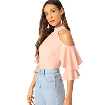 Stylish ROMWE Cold Shoulder Ruffle Blouse in Blush Pink