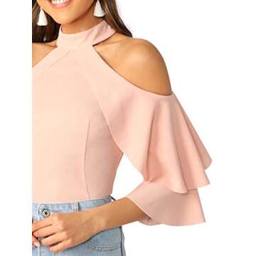 ROMWE Women's Cute Cold Shoulder Ruffle Half Sleeve Slim Fit Blouse Tops Pink Medium