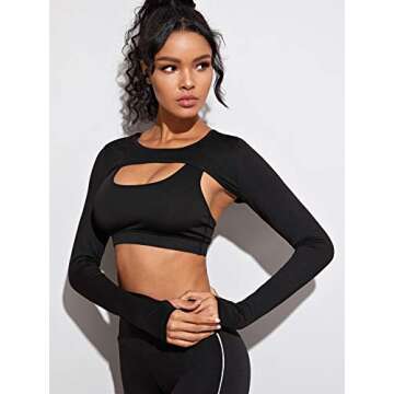SweatyRocks Women's Stretch Cutout Yoga Sports Tee Long Sleeve Crop Top T Shirts Black Small