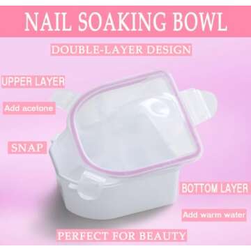 Nail Soaking Bowl, Borogo 2PCS Soak Off Gel Polish Dip Powder Remover Manicure Bowl for Acrylic Nails, Nail Brush, Cuticle Pusher, Cuticle Peeler, 100/180 Nail File, Buffer Block