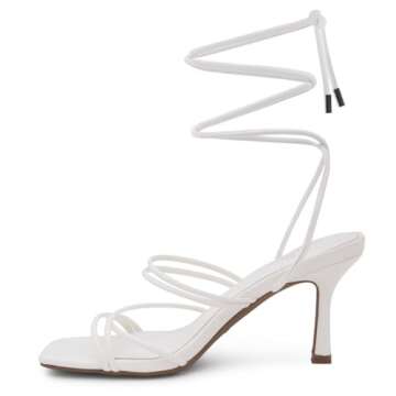 Shoe Land SL-Lumi Women's Lace-Up Heels, Square Open Toe Strappy Heeled Sandals, Ankle Wrap Tie-Up High Heels, Dressy Stiletto Heels for Prom, Wedding, and Party, White, Size 9.0