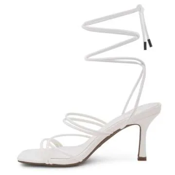Shoe Land SL-Lumi Women's Lace-Up Heels, Square Open Toe Strappy Heeled Sandals, Ankle Wrap Tie-Up High Heels, Dressy Stiletto Heels for Prom, Wedding, and Party, White, Size 9.0