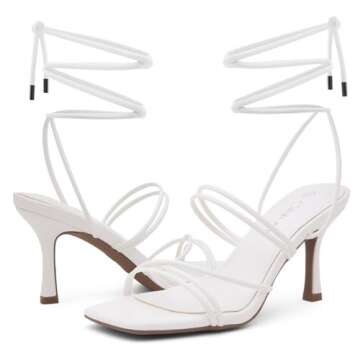 Shoe Land SL-Lumi Women's Lace-Up Heels, Square Open Toe Strappy Heeled Sandals, Ankle Wrap Tie-Up High Heels, Dressy Stiletto Heels for Prom, Wedding, and Party, White, Size 9.0