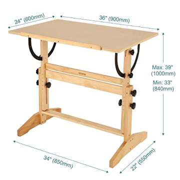 VISWIN 33"-39" H Wooden Drafting Table, Adjustable Height & Angle, Solid Pine Wood Artist Table for Drawing, Tilts Flat, Studio Art Craft Desk for Painting, Drafting, Writing, Reading