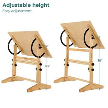 VISWIN 33"-39" H Wooden Drafting Table, Adjustable Height & Angle, Solid Pine Wood Artist Table for Drawing, Tilts Flat, Studio Art Craft Desk for Painting, Drafting, Writing, Reading