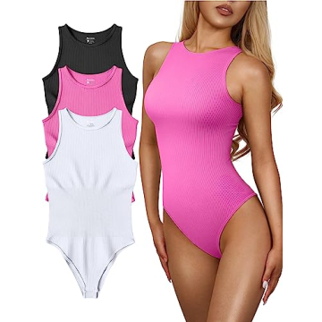 OQQ Women's 3 Piece Bodysuits Sexy Ribbed One Piece Sleeveless Halter Neck Tops Leotard Summer Trend...