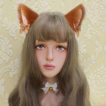 Fxaelian Animal Anime Cute Wolf Cat Dog Ears Headband with Bells Bows Halloween Cosplay Costume Party Headpiece Hair Accessories Hairband Headwear for Women Men Adult Brown