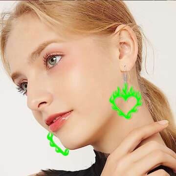 Chanaiqw Rave Acrylic Heart Flame Dangle Earrings for Hip Hop Style