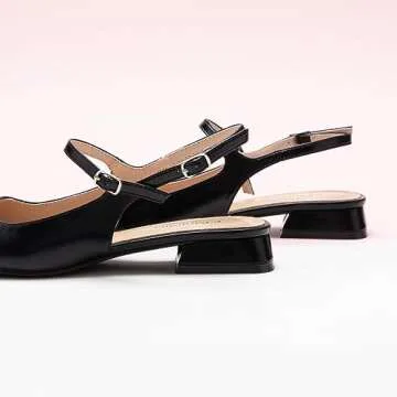 C.Paravano Women's Slingback Flats | Square Toe Slingback Flats for Women | Block Heel Slingback Sandals | Adjustable Ankle Strap Shoes(Size 10,Black)