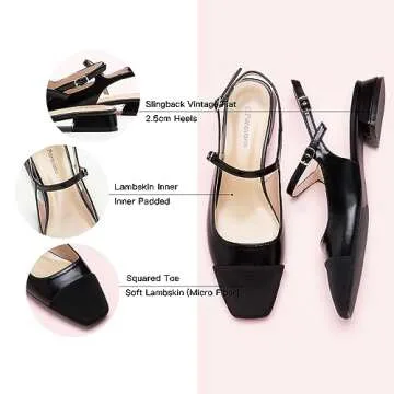 C.Paravano Women's Slingback Flats | Square Toe Slingback Flats for Women | Block Heel Slingback Sandals | Adjustable Ankle Strap Shoes(Size 10,Black)