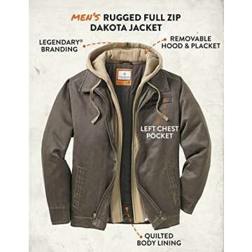 Legendary Whitetails Men's Dakota Jacket Full Zip Up Waxed Cotton Hooded Rugged Winter Coat, Tobacco, Large