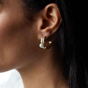 Gemistry Judy Crowell Jewelry Sterling Silver and Rhodium Diamond Cut Triple Hoop Earrings with Freshwater Pearl