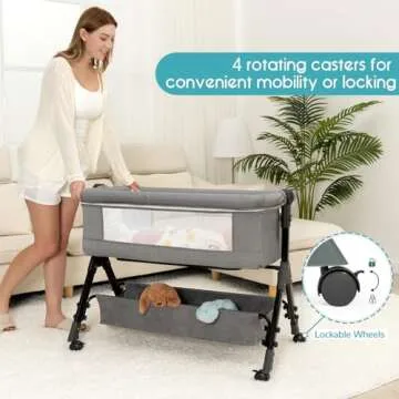 3 in 1 Baby Bassinet Bedside Sleeper, Bedside Crib for Baby, Adjustable Baby Bassinet with Wheels, Storage Basket, Mattress, Easy Assemble & Folding Portable Baby Cradle (Grey)