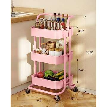 Pipishell 3 Tier Mesh Utility Cart, Rolling Metal Organization Cart with Handle and Lockable Wheels,...