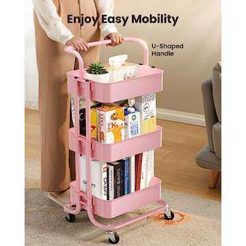 Pipishell 3 Tier Mesh Utility Cart, Rolling Metal Organization Cart with Handle and Lockable Wheels, Multifunctional Storage Shelves for Kitchen Living Room Office Pink