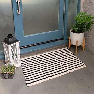 Black and White Striped Door Mat 24"x35",Collive Cotton Hand Woven Welcome Entryway Rug,Washable Sma...
