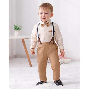 DISAUR Boys Church Outfit Apricot Brown Long Sleeve Dress Shirt Bow Tie Suspender Pants Toddler Form...
