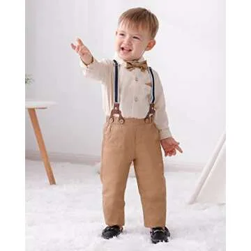 DISAUR Boys Church Outfit Apricot Brown Long Sleeve Dress Shirt Bow Tie Suspender Pants Toddler Formal Outfit Boy 2t 3t 2-3t