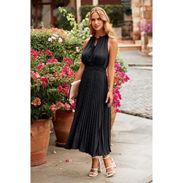 PRETTYGARDEN Women's Midi Summer Dresses Casual V Neck Swiss Dot Ruffle Sleeveless A Line Beach Sun Dress (Black,Small)