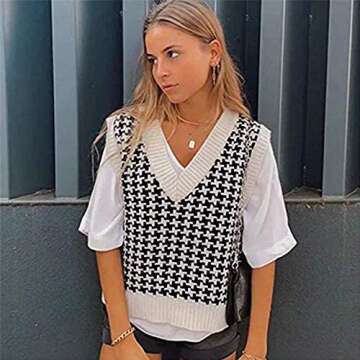 Jlihang Women Houndstooth Knitted Sweater Vest V Neck Casual Loose Oversized Vintage Pullover Tops (White)