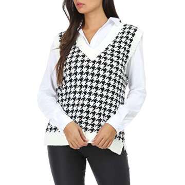 Jlihang Women Houndstooth Knitted Sweater Vest V Neck Casual Loose Oversized Vintage Pullover Tops (White)