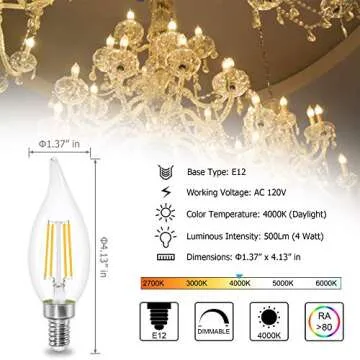 Sailstar Dimmable LED Candelabra Bulbs, 60W Equivalent, 4000K Daylight White, 4 Watt, E12 Base Filam...