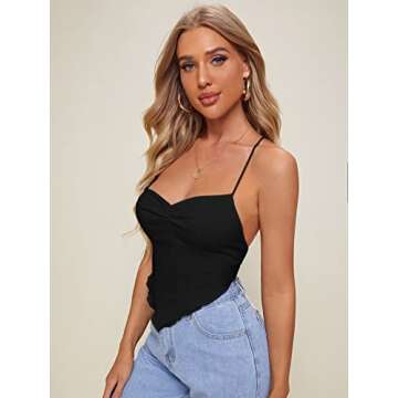 Verdusa Women's Criss Cross Backless Strappy Asymmetrical Hem Crop Cami Top Black M