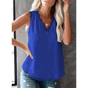 VIISHOW Women Sexy V Neck Lace Satin Camisole Fashion Summer Tank Tops Chiffon Blouse Shirt, Royal Blue, Small