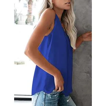 VIISHOW Women Sexy V Neck Lace Satin Camisole Fashion Summer Tank Tops Chiffon Blouse Shirt, Royal Blue, Small