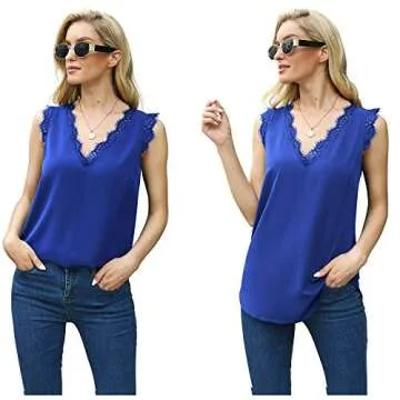 VIISHOW Women Sexy V Neck Lace Satin Camisole Fashion Summer Tank Tops Chiffon Blouse Shirt, Royal Blue, Small