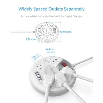 Travel Power Strip, BESTEK 6Ft Extension Cord with 4 USB Ports and 6-Outlet (13A 125V), Surge Protector Power Strip for Dorm Room, Bedside, Cruise Ship, 220J, White