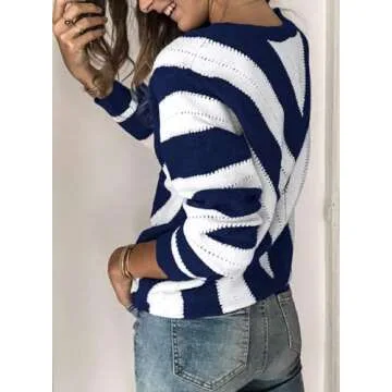 PRETTYGARDEN Women's Fashion Long Sleeve Striped Color Block Knitted Sweater Crew Neck Loose Pullover Jumper Tops (Striped Blue,X-Large)