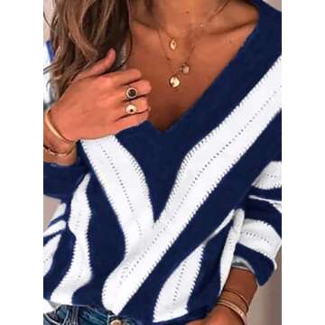 PRETTYGARDEN Women's Fashion Long Sleeve Striped Color Block Knitted Sweater Crew Neck Loose Pullover Jumper Tops (Striped Blue,X-Large)