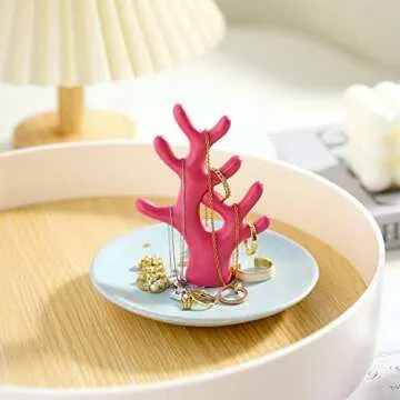 QZVANLON Coral Ring Holder,Jewelry Decorative Tray,Coral Jewelry Tree for Display Bracelet,Trinket Dish for Dresser Decor,Necklace Organizer Stand,Jewellery Storage Plate Gift