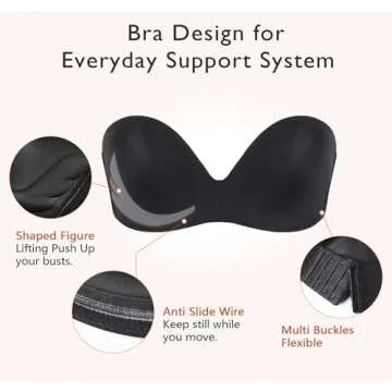 DotVol Women Strapless Push Up Bra Custom Lift Invisible Wing Shape Anti-Slip Wirefree Bra(Wing Pure Black,32B)