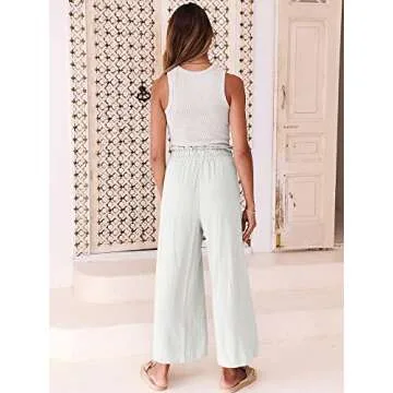 ANRABESS Women Linen Pants Casual Loose High Waist Boho Wide Leg Cropped Palazzo Beach Pants Summer Outfits 2025 Trendy White X-Large