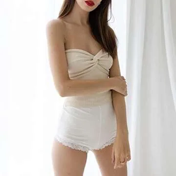 MISSACTIVER Women Twist Knot Front Knit Tube Tank Top Sleeveless Off Shoulder Strapless Crosscriss Backless Crop Camisole Apricot