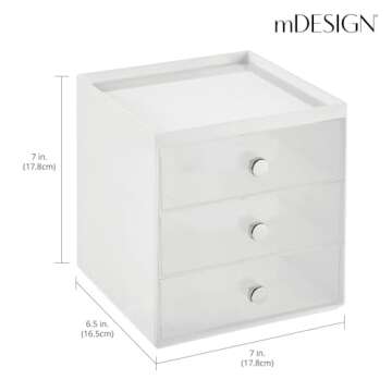 mDesign Makeup Organizer Storage Station Cube with 3 Drawers for Bathroom Vanity, Cabinet, Countertops - Holds Lip Gloss, Eyeshadow Palettes, Brushes, Blush, Mascara - White/Clear