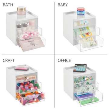 mDesign Makeup Organizer Storage Station Cube with 3 Drawers for Bathroom Vanity, Cabinet, Countertops - Holds Lip Gloss, Eyeshadow Palettes, Brushes, Blush, Mascara - White/Clear
