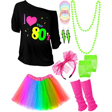 Blulu Halloween 80s Costume Accessories Set T-shirt Colorful Tutu Headband Earring Necklace Leg Warm...