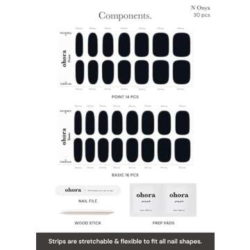 ohora Semi Cured Gel Nail Strips (N Onyx) - Dark, Solid, Works with Any UV/LED Nail Lamps, Salon-Quality, Long Lasting, Easy to Apply & Remove - Includes 2 Prep Pads, Nail File & Wooden Stick