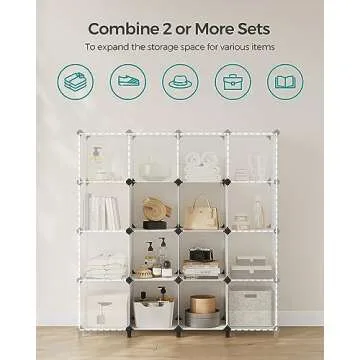 SONGMICS 6 Cube Storage Organizer, DIY Closet Shelf, Plastic Clothes Organizer, Modular Bookcase, 11.8 x 11.8 x 11.8 Inch Cubes, with Feet and Rubber Mallet, Cream White ULPC111M01