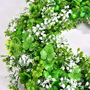 OEAGO 17.7" St Patricks Decoration Artificial Boxwood Wreath Decor Green Leaf White Flowers & Four Leaf Clover, Spring Summer Party Decor Outdoor/Indoor Farmhouse Front Porch Wall Window Door