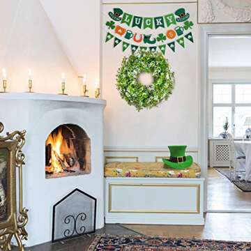 OEAGO 17.7" St Patricks Decoration Artificial Boxwood Wreath Decor Green Leaf White Flowers & Four Leaf Clover, Spring Summer Party Decor Outdoor/Indoor Farmhouse Front Porch Wall Window Door