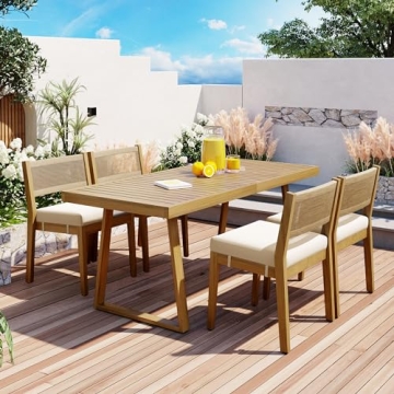 Merax Wood Outdoor Dining Table Set for 4,All Weather Patio Chairs with Soft Cushions and Jute Rope ...