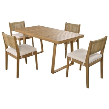 Merax Wood Outdoor Dining Table Set for 4,All Weather Patio Chairs with Soft Cushions and Jute Rope Knitted Back