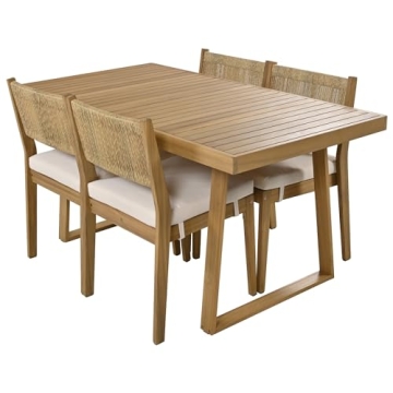 Merax Wood Outdoor Dining Table Set for 4,All Weather Patio Chairs with Soft Cushions and Jute Rope Knitted Back