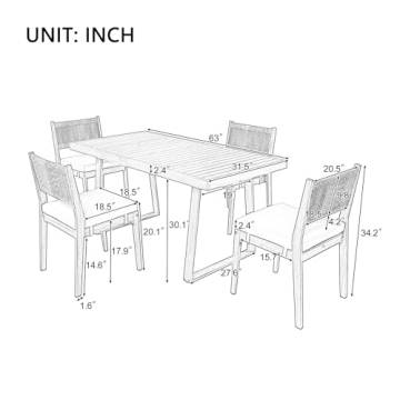 Merax Wood Outdoor Dining Table Set for 4,All Weather Patio Chairs with Soft Cushions and Jute Rope Knitted Back